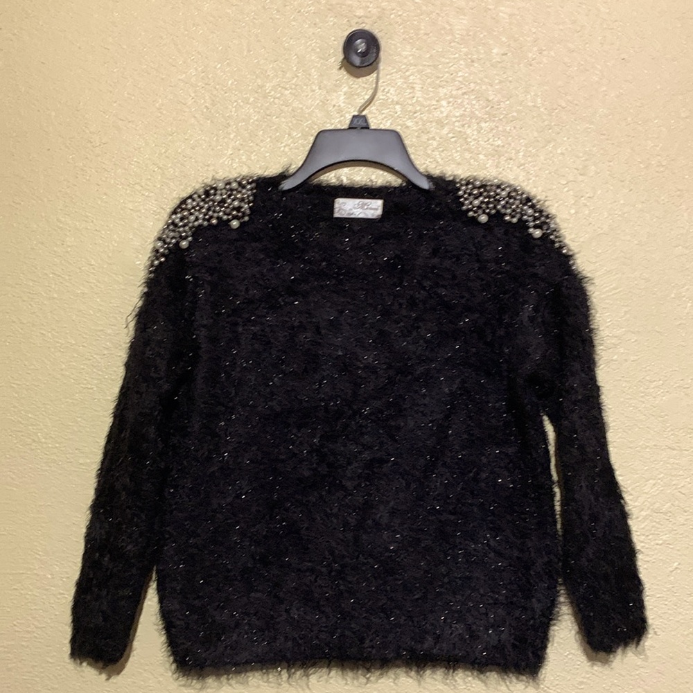 Mizumi Sweater S Black Pullover Stretchy Beaded Round Neck Soft Fuzzy Polyamide